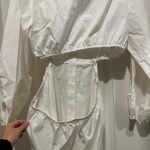 Topshop Ruched Cutout Long Sleeve Cotton Poplin Midi Shirtdress In White - Picture 10 of 10